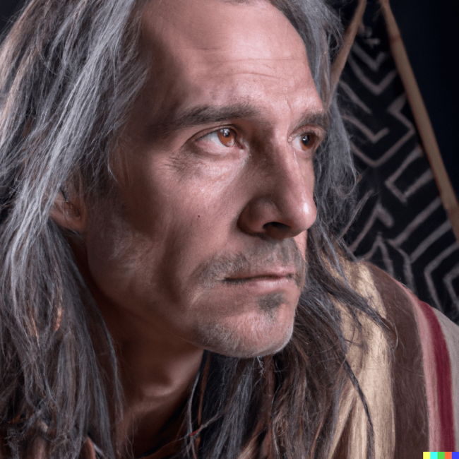DALL·E 2023-01-16 10.26.10 – A close up, studio photographic portrait of an ancient shaman looking far with an absorbed look