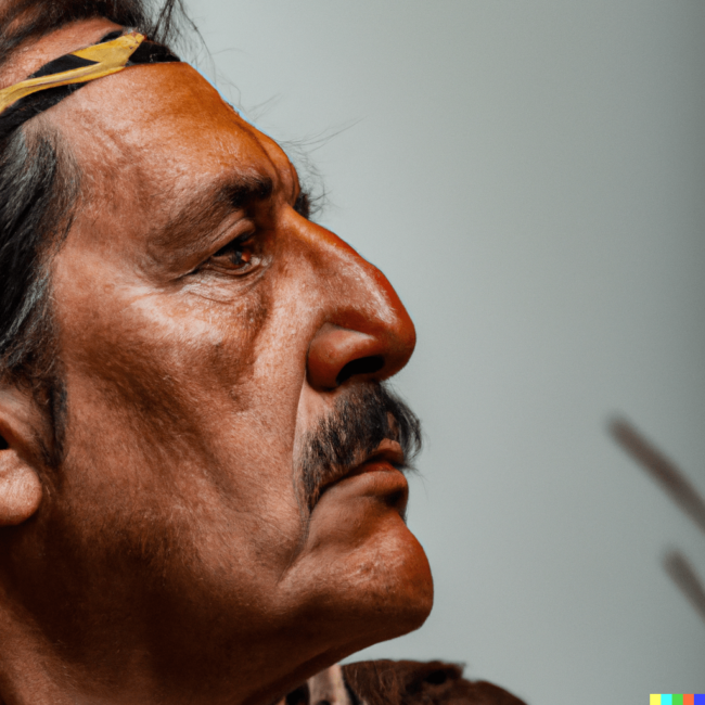 DALL·E 2023-01-16 10.26.14 – A close up, studio photographic portrait of an ancient shaman looking far with an absorbed look