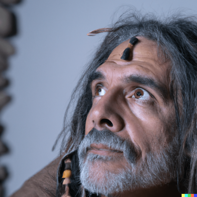 DALL·E 2023-01-16 10.26.56 – A close up, studio photographic portrait of an ancient shaman looking far with an absorbed look, in 4_3