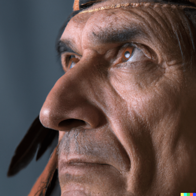 DALL·E 2023-01-16 10.26.59 – A close up, studio photographic portrait of an ancient shaman looking far with an absorbed look, in 4_3
